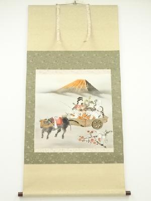 JAPANESE HANGING SCROLL / HAND PAINTED / RED Mt.FUJI WITH SEVEN GODS OF FORTUNE 